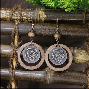 Boho Wooden Rose Dangle Earrings